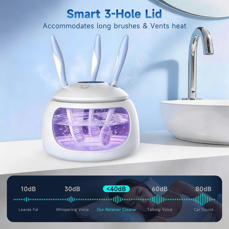 Ultrasonic Retainer Cleaner with UV Light - 45kHz Deep Cleaning Pod for Dentures, Aligners, Night Guards - Includes Cleaning Brush, 200ml Capacity (White) white