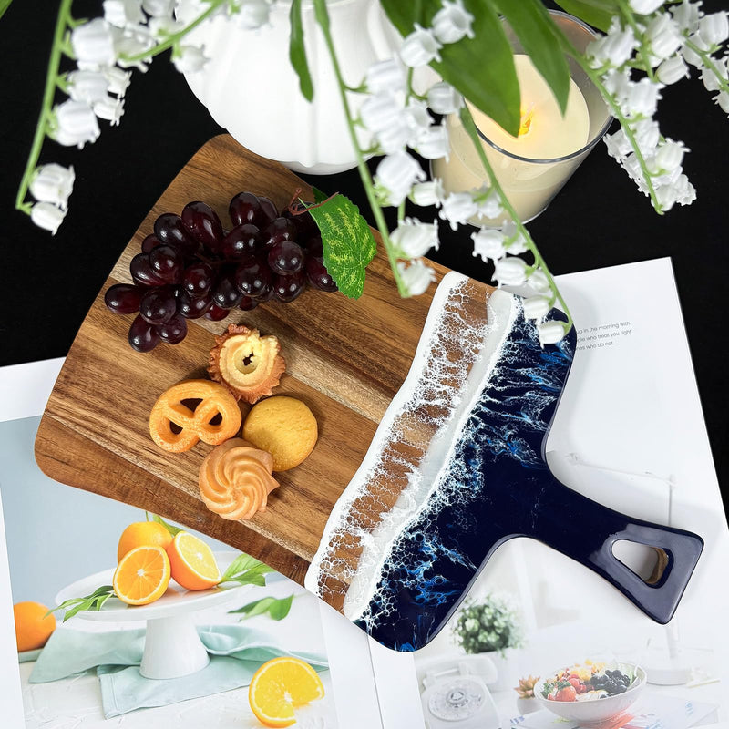 Charcuterie Boards with Resin Cheese Knives, Blue Wood Resin Cheese Platter - Cheese Tray with Cheese Utensils, Fruit Tray, and 4 Cheese Knives House Warming Gifts New Home, Wedding Gift for Couple