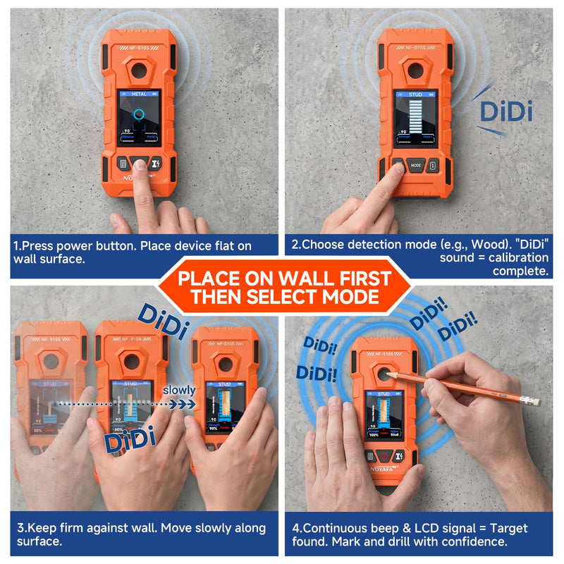 NOYAFA Rechargeable Stud Finder Wall Scanner, 6 in 1 Electronic Wall Detector | Positioning Hole HD LCD Display, Audio Alarm, Accurately Detects Wood, Metal Studs, Live AC Wires, Joists and Pipes Orange