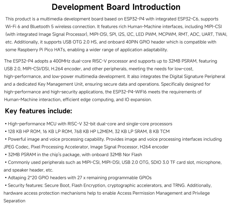 ESP32-P4-WIFI6 High-Performance Development Board, Based On ESP32-P4 and ESP32-C6, Supports Wi-Fi 6 and Bluetooth 5 / BLE, Rich Human-Machine Interfaces, Supports AI Speech Interaction