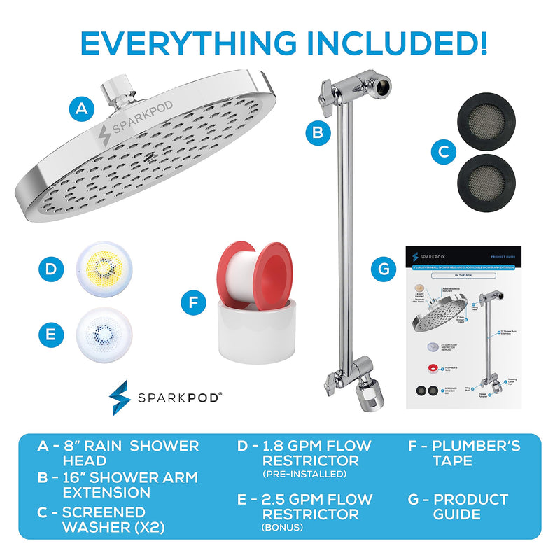 SparkPod Round Rain Shower Head with Extension Arm - Height Adjustable Shower Head with High Pressure Performance - Easy 1-Minute Installation (8" Round, Luxury Polished Chrome) 1. Luxury Polished Chrome Round 8" 16" Arm