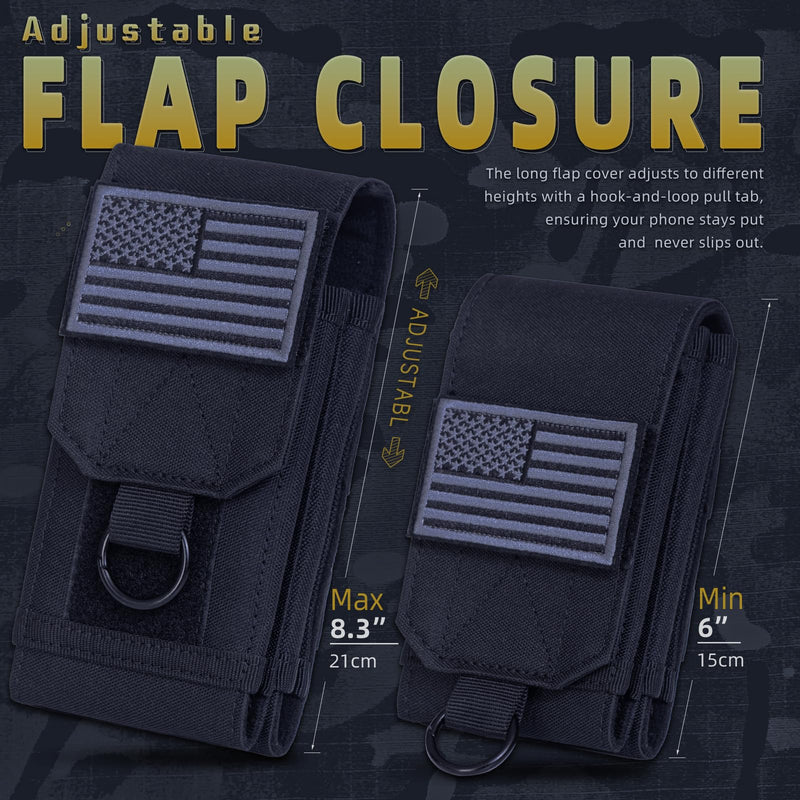 Molle Phone Pouch Tactical Phone Holster, Dual Cell Phone Holder Utility EDC Pouch for Duty Belt & Vest,Molle Accessories Gear with US Flag Patch (Fits 4"–6.9" Phones) (Black) Black