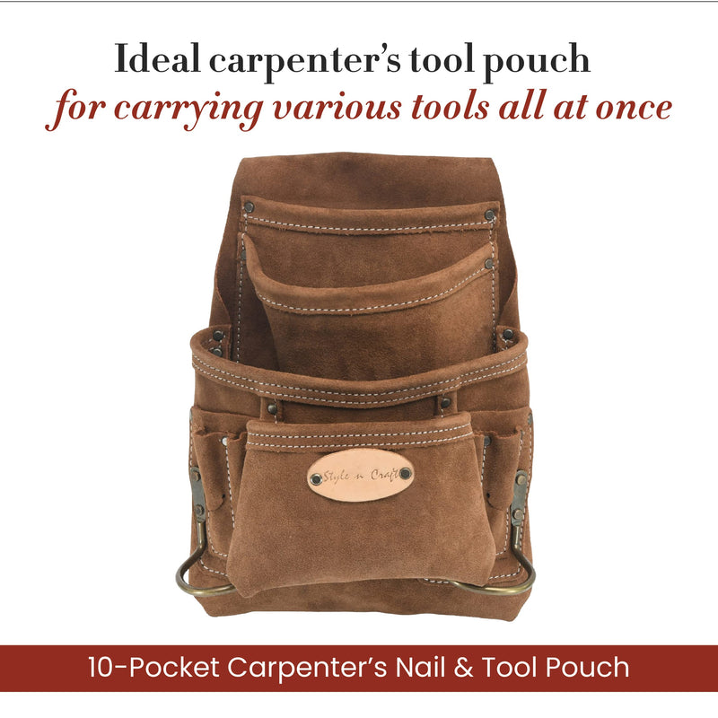 Style n Craft 10-Pocket Carpenter’s Nail and Tool Pouch, Heavy-Duty Suede Leather Pouch, Dark Tan (88923) Dark Tan - Standard