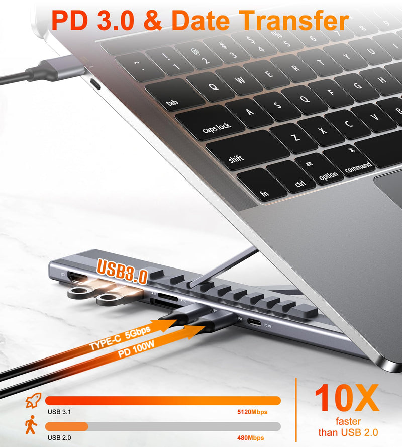 USB C Laptop Docking Station Stand, USB C Dock Tablet Stand, 8 in 1 USB C Hub with 4K HDMI, 2 USB 3.0, PD 100W, Universal Dock Station for MacBook Pro/Air/Dell/HP/Surface/Lenovo, Plug and Play