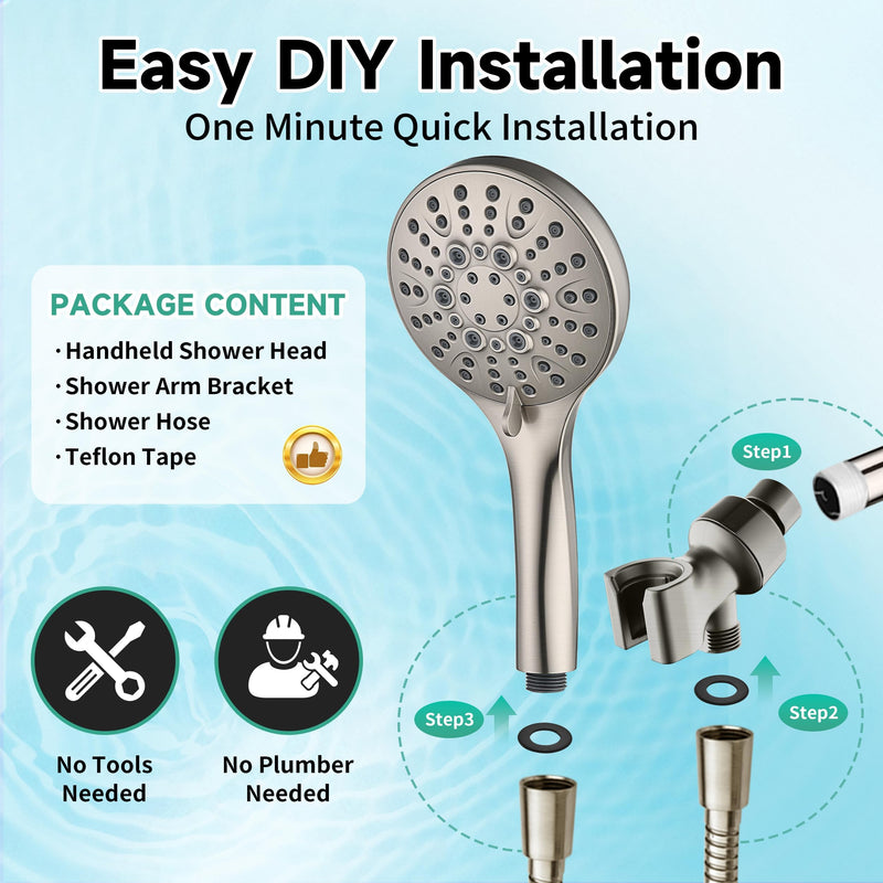BRIGHT SHOWERS High Pressure Shower Head with Handheld, 9 Spray Settings Showerhead Built in Power Wash to Clean Tub and Pets, Extra Long 69" Hose, Adjustable Bracket, Brushed Nickel 2.5 GPM | 9 Modes