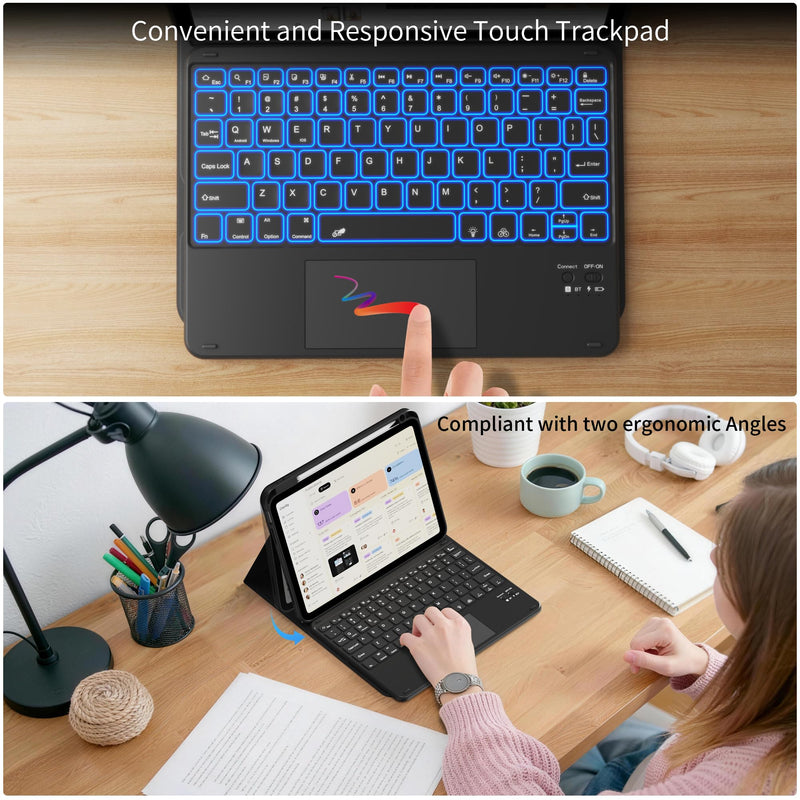 Clear Case Keyboard for iPad (A16) 11th/10th Gen, Black | Detachable 360°Rotatable Clear Back, Multi-Trackpad & 7-Color Backlit Bluetooth Keyboard, Portrait Mode Usage, Durable Cover