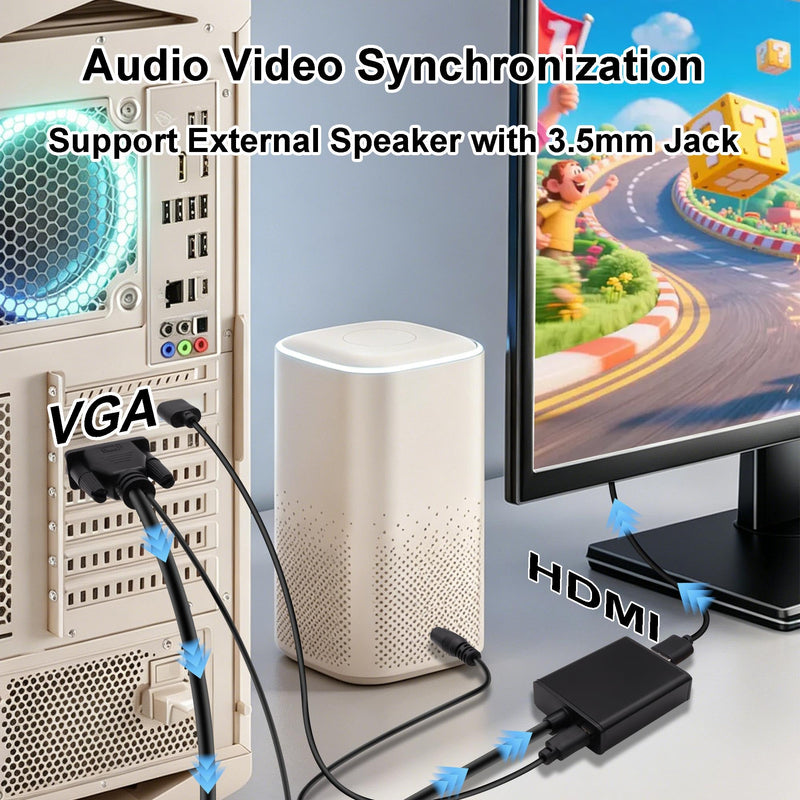 VGA to HDMI Adapter with 3.5mm Audio and 0.5M USB Power Cable | VGA Male to HDMI Female,Unidirectional,1080P,for PC TV-Box Game Console to Monitor Projector,Micro USB Charging Port,25cm
