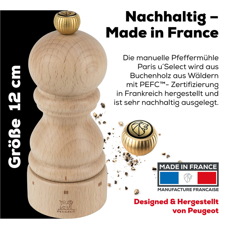 Peugeot - Paris u'Select Manual Pepper Mill - Adjustable Grinder - Beechwood, Natural 4.73in.