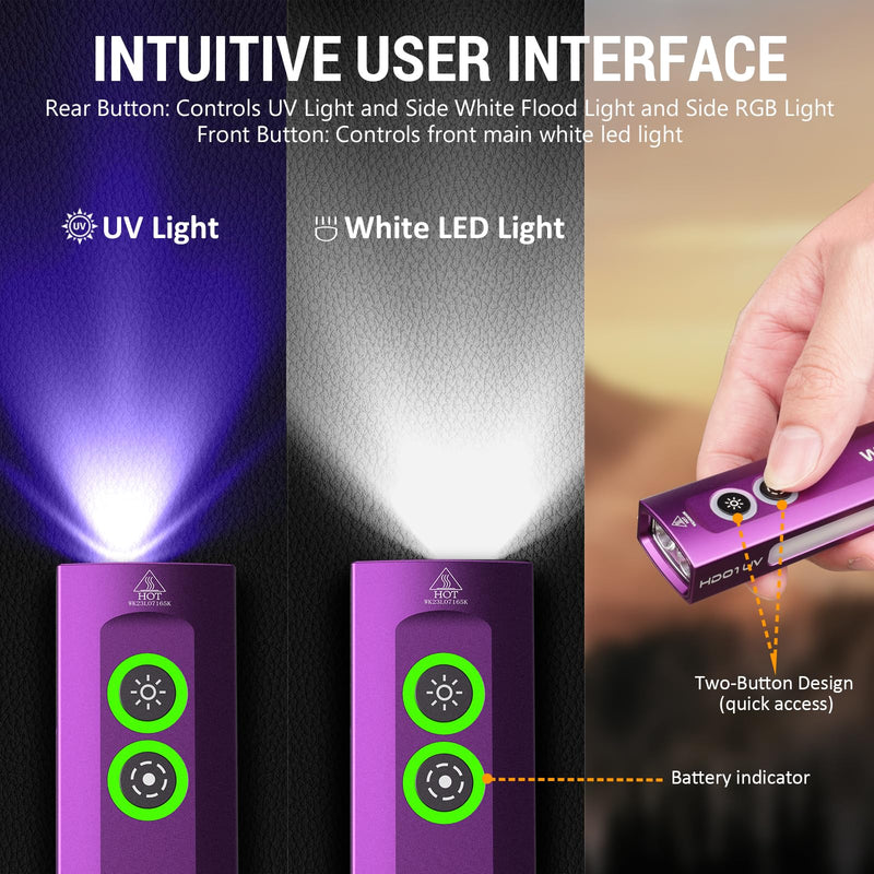 Wurkkos HD01 UV Flashlight, Rechargeable EDC Flashlight, Led Flashlight with 365nm UV Light, 1200 Lumens Flat Flashlight with RGB, Pocket Light for Emergency, Pet Urine Detection(Purple) Purple