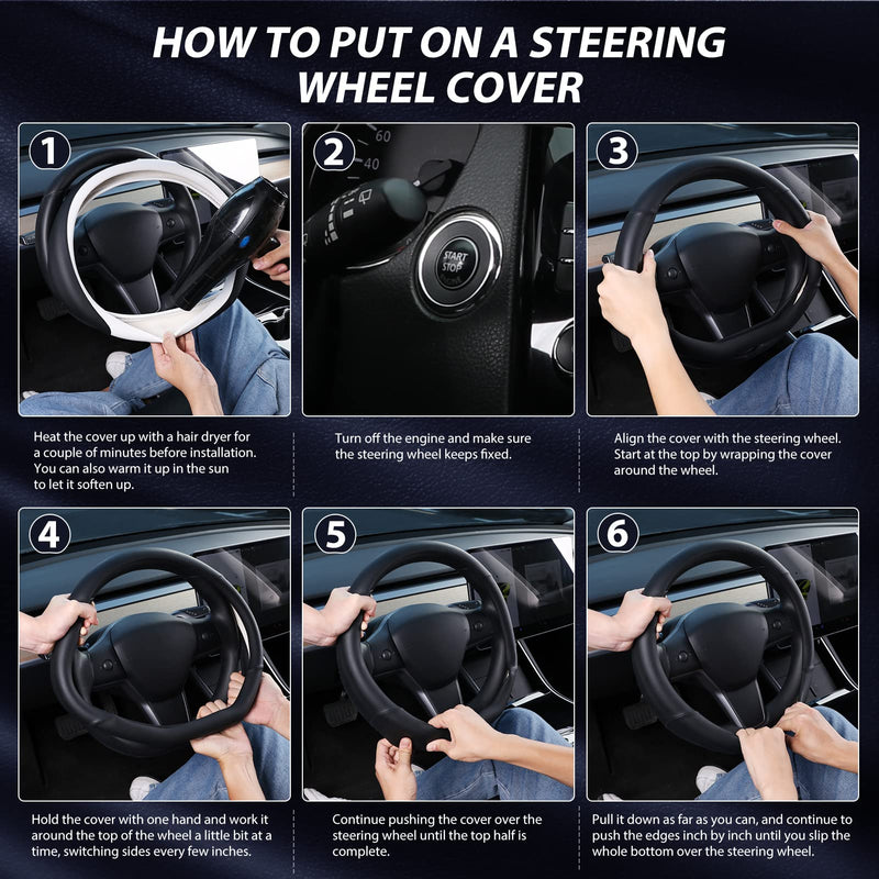 SEG Direct Flat Bottom Steering Wheel Cover, D Shaped Car Wheel Cover 14-14 1/4 in. (35.5-36 cm), for Tesla Model 3 / Y, for Camaro, Black Microfiber Leather Small size[14''-14 1/4'']