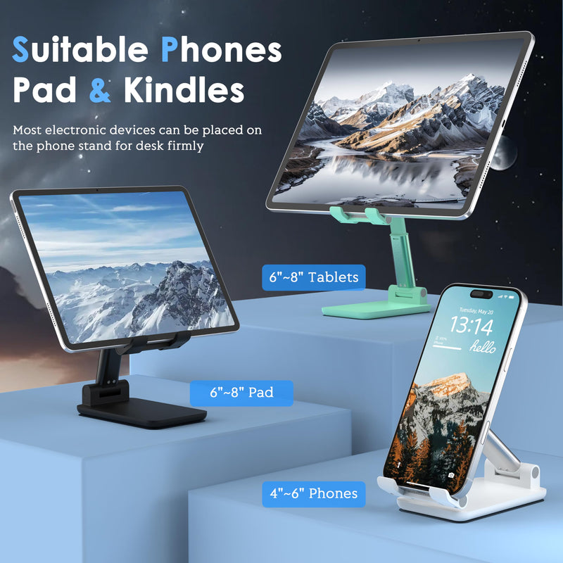 2 Pack Cell Phone Stand for Desk, Adjustable Angle & Height, Foldable Portable Phone Holder with Anti-Slip Silicone Pad, Compatible with iPhone 17/16/15/14/Smartphones 4–8 Inch, Black&White