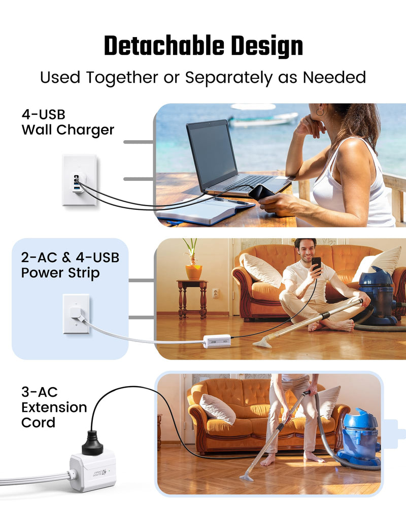 SUPERDANNY Detachable Travel Power Strip,45W USB Fast Charge,2 USB-C & 2 USB-A with 3 Outlets Flat Plug Extension Cord 5ft,Portable Charger for Travel Essentials for Travel Cruise Home, White 5 FT Upgrade Extension Cord with Adapter