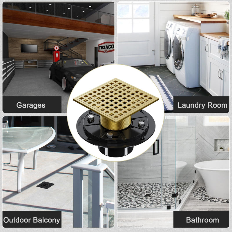 Shower Drain Hair Catcher- 4-1/4 Inch Square Shower Floor Drain Kit with ABS Flange for 2" or 3" Pipe, Drain with Hair Strainer,Removable Strainer Cover,SUS304 Stainless Steel, Brushed Gold