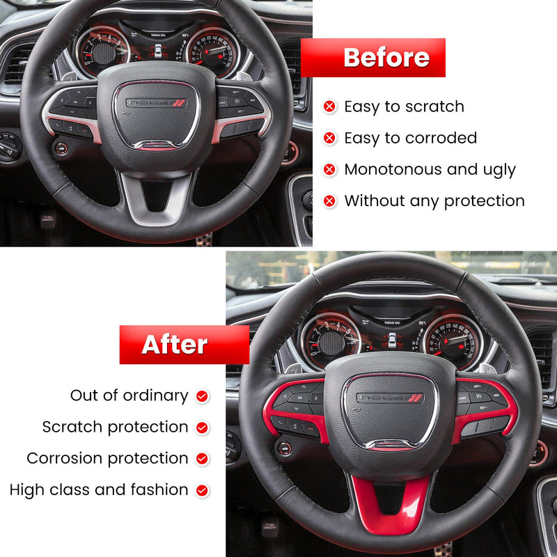 Steering Wheel Cover Trim Interior Accessories Decoration Kit for 2015-2024 Dodge Challenger Charger, for 2014-2024 Dodge Durango & Jeep Grand Cherokee SRT8 (Red 3PCS) Red