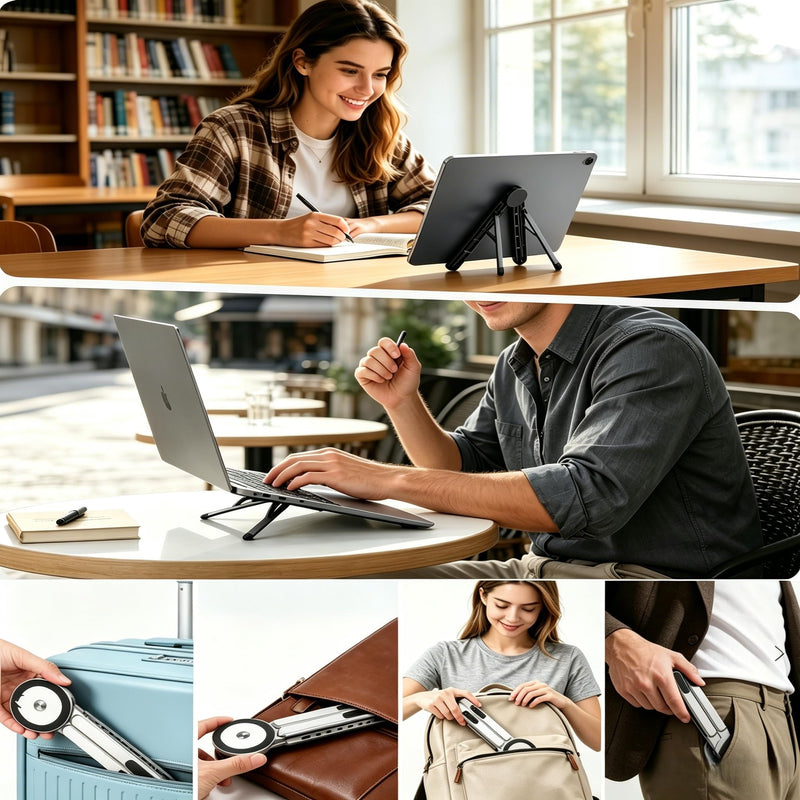 4-in-1 Foldable Laptop Stand with N52 Magnetic Phone Holder, Portable Aluminum Computer Stand for MacBook/ iPad/ Tablet, Adjustable Ergonomic Desk Stand for Home Office College Dorm & Travel Giftable Gray