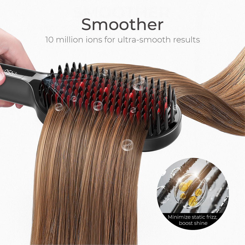 TYMO Ionic Plus Hair Straightener Brush UK, Upgraded Straightening Brush with Dense Bristles for Thick Hair, 16 Temps (80℃~230℃) LED Display, 10 Million ions, Dual Voltage, Hot Comb for Women (Black) Black