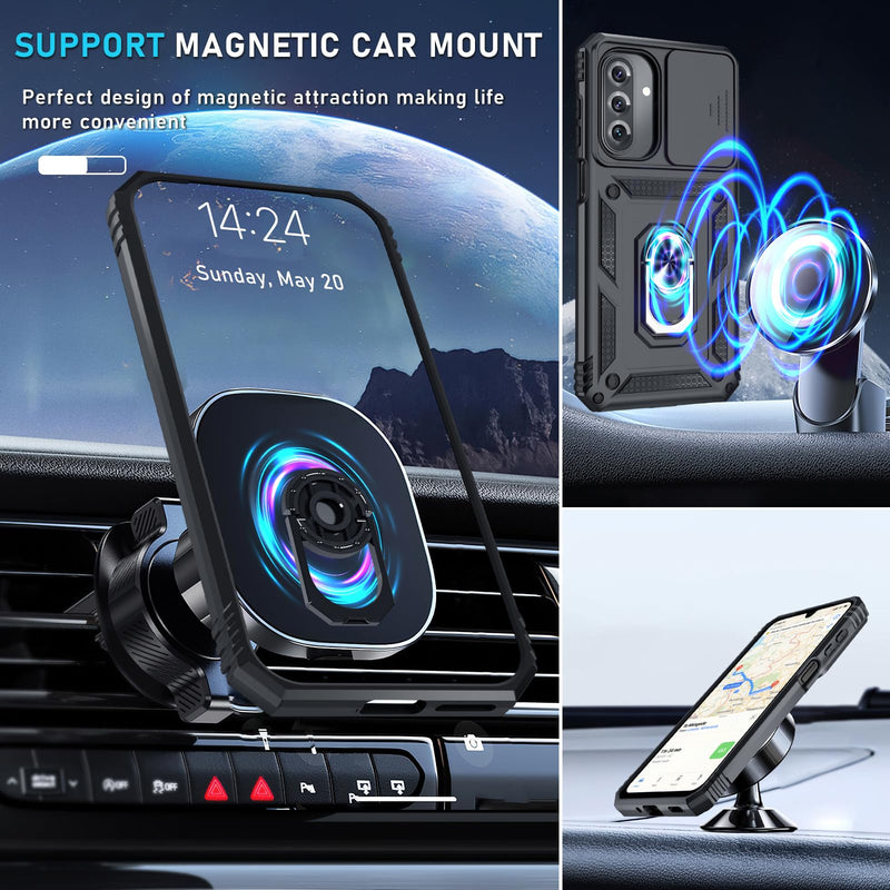 Janmitta for Samsung Galaxy A27 Case Built in Slide Camera Cover,Black | with Tempered Glass Screen Protector+Finger Ring Holder Kickstand,Heavy Duty Shockproof Full Body Phone Cover Black