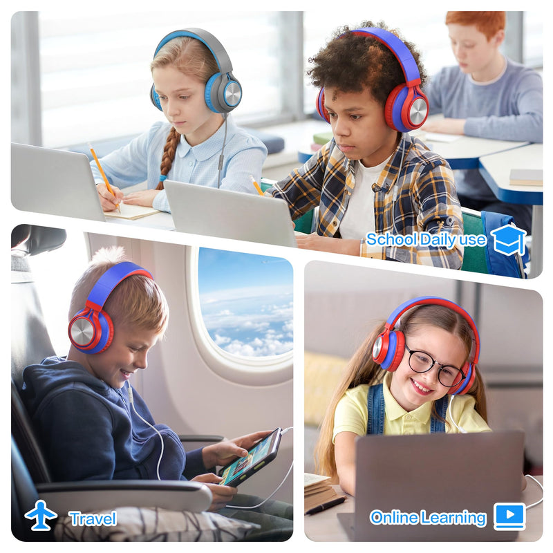 AILIHEN Kids School Headphones with Microphone & 3.5mm Jack, Red Blue | K-12 School Students Use, Travel, Comfortable, Kids & Teens, Duarable, Adjustable & Foldable, For Chromebook & Tablet