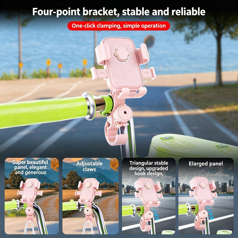 Stylish Pink Bike Phone Mount for Women | Universal 4.7"-7.2" Phone Mount, Anti-Shake 360° Handlebar Holder w/Helmet Mount for Bike Motorcycle Scooter Treadmill