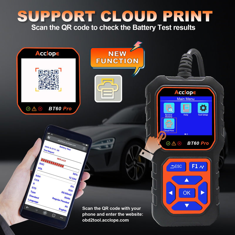  [AUSTRALIA] - BT60 Pro Acclope Car Battery Tester with Cloud Printing 100-3000 CCA 6V 12V 24V AGM Lithium Gel Battery Checker Automotive Alternator Digital Analyzer Charging Cranking System Vehicles Truck Home-use