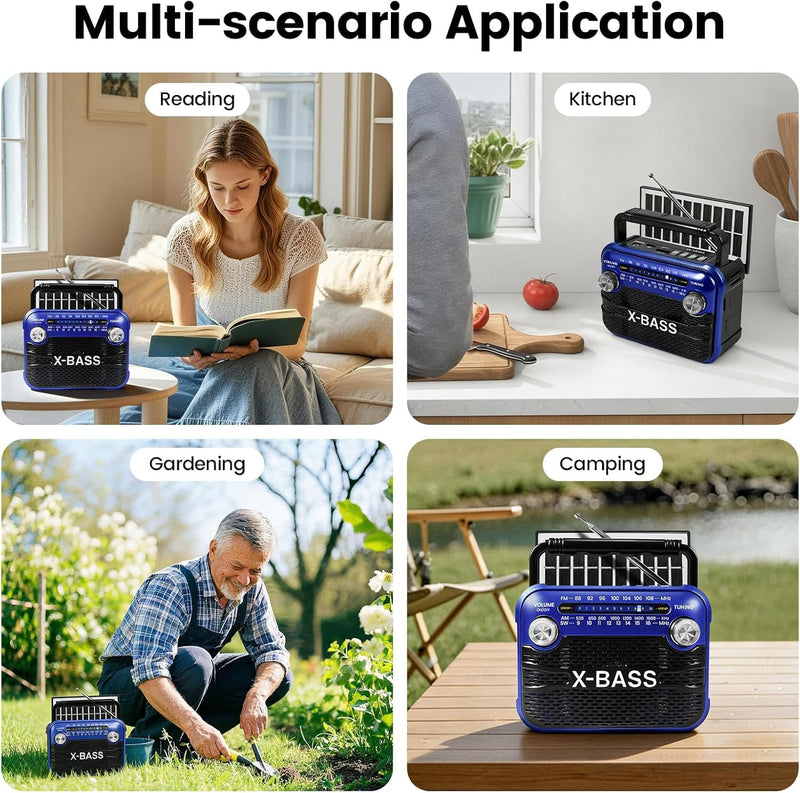 Xbass Stereo Sound Radios Portable AM FM SW Solar Bluetooth Radio with Emergency Flashlight Support USB/TF Player,D Battery Operated/USB Charge,Digital Tuner & Earphone Jack for Outdoor/Indoor/Home