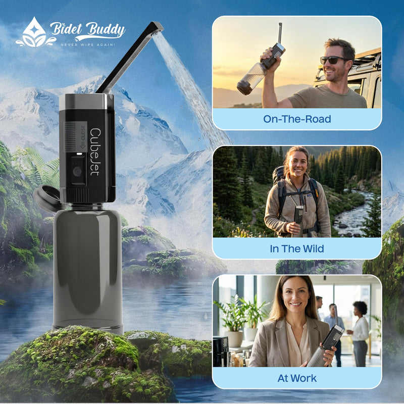 BIDET BUDDY® CubeJet Portable Bidet for Travel - 380ml Bottle, 1100mAh Rechargeable Battery, IPX6 Waterproof Wand-Style Nozzle, USB-C High-Pressure Hygiene Device for Camping & Home Obsidian Drift