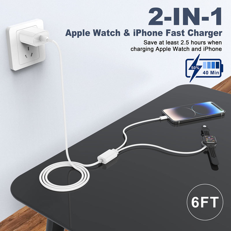 𝟐𝟎𝟐𝟒 𝐔𝐩𝐠𝐫𝐚𝐝𝐞𝐝 Apple Watch Charger,2-in-1 USB C Charger for iWatch & iPhone,6FT Fast Charging Cable with 20W Fast Wall Charger for Apple Watch Series 8/7/6/5/SE & iPhone14/13/12/AirPods 6 FT White 1