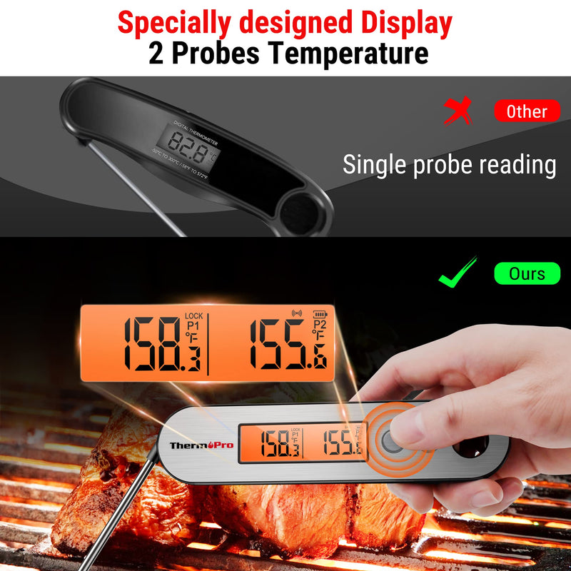 ThermoPro TP610 Digital Meat Thermometer for Cooking, Rechargeable Instant Read Food Thermometer with Rotating LCD Screen, Waterproof Cooking Thermometer with Alarm for Grilling, Smoker, BBQ, Oven Silver