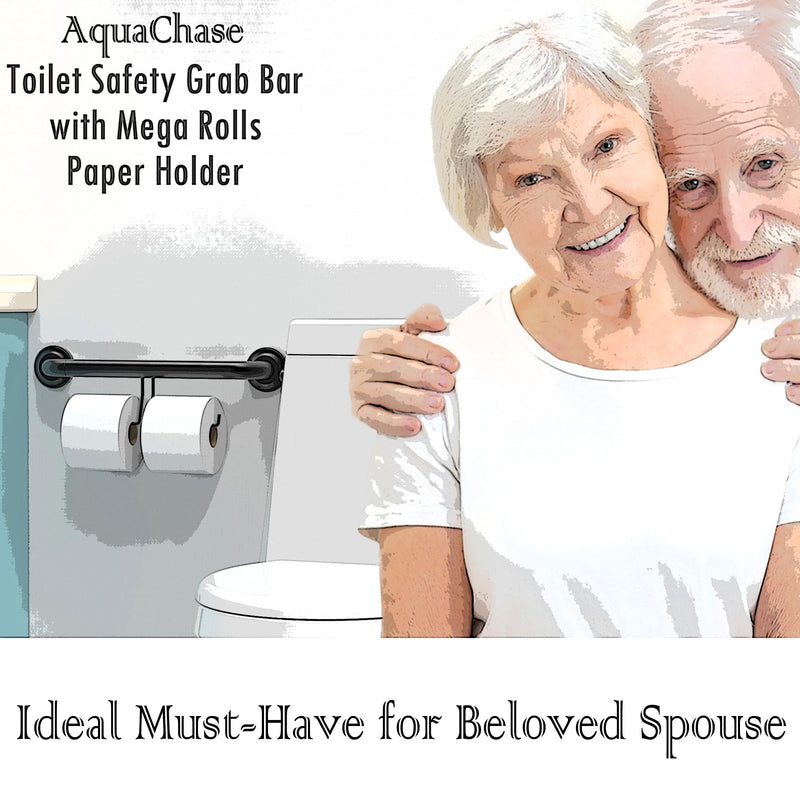 ADA Compliant Grab Bar with Toilet Paper Holder (2 Mega Rolls), 500lbs Weight Support, 1-1/4 x 16 inch for Stud Mount, Matte Black