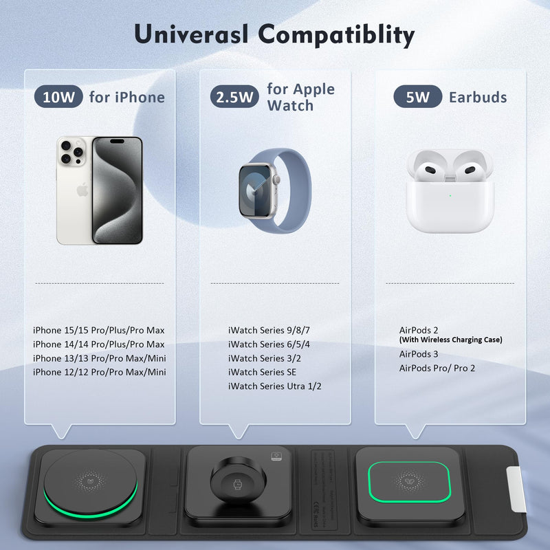 Wireless Charger for iPhone - 3 in 1 Charging Station for Apple Multiple Devices, Foldable Magnetic Mag-Safe Travel Charging Pad for iPhone 15 14 13 12 Pro Max Plus iwatch Watch & Airpods Black