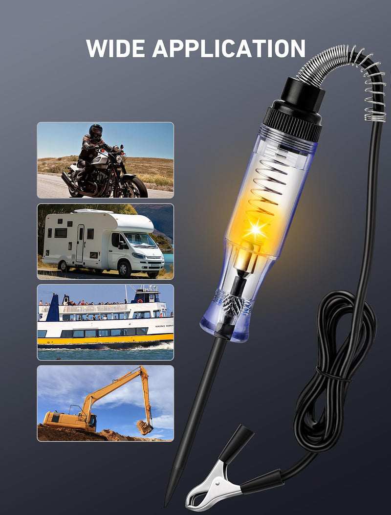 Test Light Automotive, Circuit Tester 6V-12V-24V DC Car Electrical Test Pen with Alligator Clip and Long Steel Probe, Continuity Voltage Fuse Tester for Sedan, SUV, RV and Truck