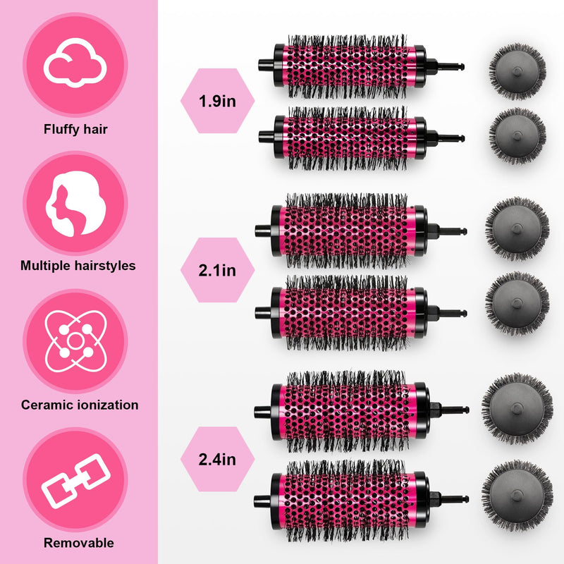  [AUSTRALIA] - Round Hair Brush Set Detachable Handle Hair Roller Brush 3 Sizes Round Hair Brush for Blow Drying with 6 Positioning Clips,6 Barrels 1 Handle (Rose Red) Rose Red