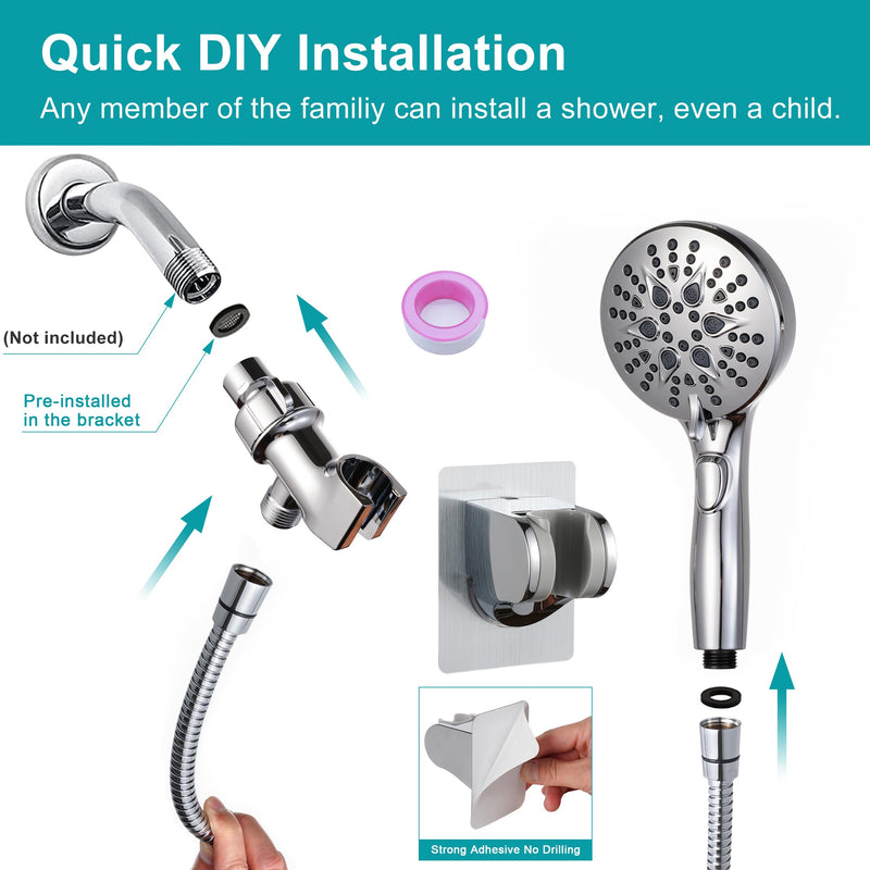 GwernKB Handheld Shower Head with on off Switch&Built-in Power Spray,7-Setting High Pressure Spray Shower Wand with 79in Long Hose&Bracket and Extra Adhesive Shower Holder for Lower Mount,Chrome Silver