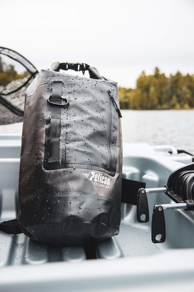 Pelican ExoDry 30L Large Drybag - Waterproof - Backpack-Type Shoulder Straps - Thick & Lightweight - Roll Top Compression - Keeps Gear Dry for Kayaking, Rafting and Fishing - Black