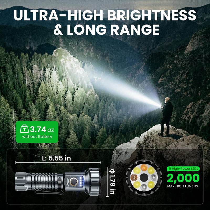 2000 Lumen EDC Flashlight Small Rechargeable Flashlight with Memory,Multi-Color Light (Warm Yellow/Red/Green/Blue/UV) with 5 Buttons,Built-in 4200mAh Battery Ideal for Home,Outdoor,Emergency Use Pocket