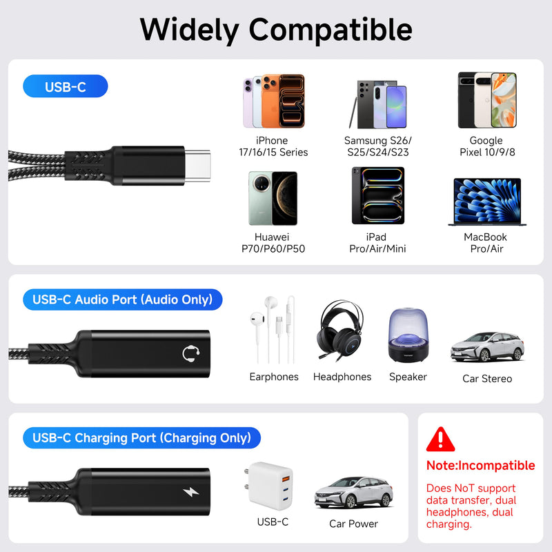 Marsno 𝐔𝐩𝐠𝐫𝐚𝐝𝐞𝐝 USB C Splitter, 2-in-1 USB C Headphone and Charger Adapter with HiFi DAC, PD 60W Fast Charging USB C Aux Dongle Cable for iPhone 17 16 15, iPad, Pixel,Galaxy S25 S24