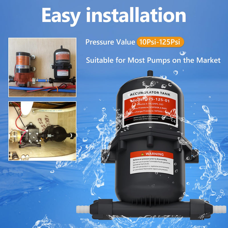 Pre-Pressurized Accumulator Tank, 0.75L Max 125PSI, 1/2 MNPT Port Fitting,Suitable for RV, Boat, Travel Trailer, Caravan
