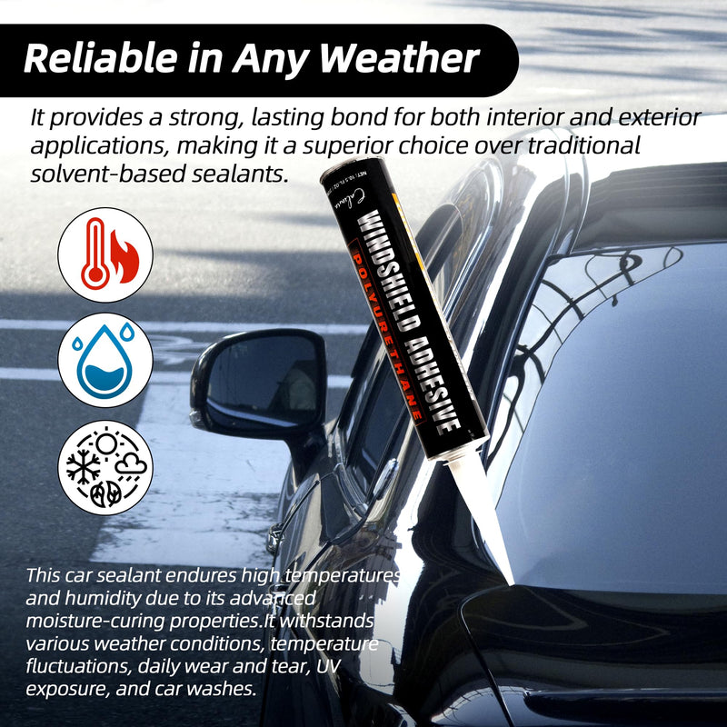 Urethane Windshield Adhesive 310ml, Automotive Polyurethane Sealant, Car Glass Chip & Crack Repair Kit with 1 windshiel Primer, 1 Pair Gloves, 2 Applicator Sticks, Quick Curing, Black Adhesive1pk+Primer1pk