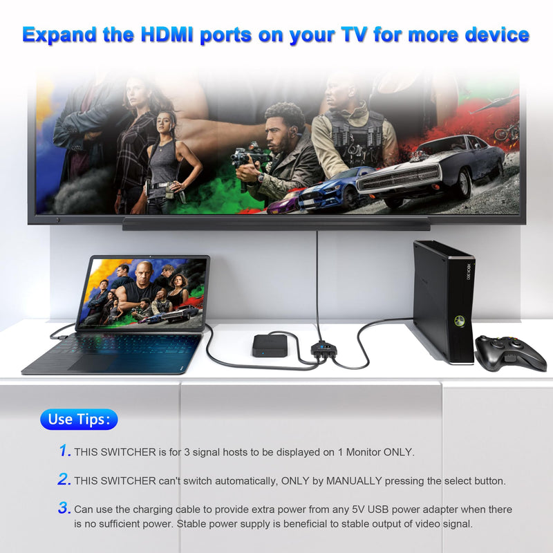 HDMI Switch 3 in 1 Out, 4K@60hz HDMI Splitter, 3 Way HDMI Switcher Supports Full HDCP2.2 1080P 3D Compatible with Roku Fire TV Stick HDTV PS4/PS5 Xbox One Chromecast, Compatible with Mac/Win/Linux