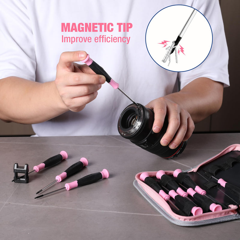 WORKPRO 10-Piece Precision Screwdriver Set with Pink Pouch, Phillips, Slotted, Torx Star, Magnetic Tip Small Screwdriver Repair Kit, for Eyeglass, Watch, Computer, Laptop and Phone - Pink Ribbon