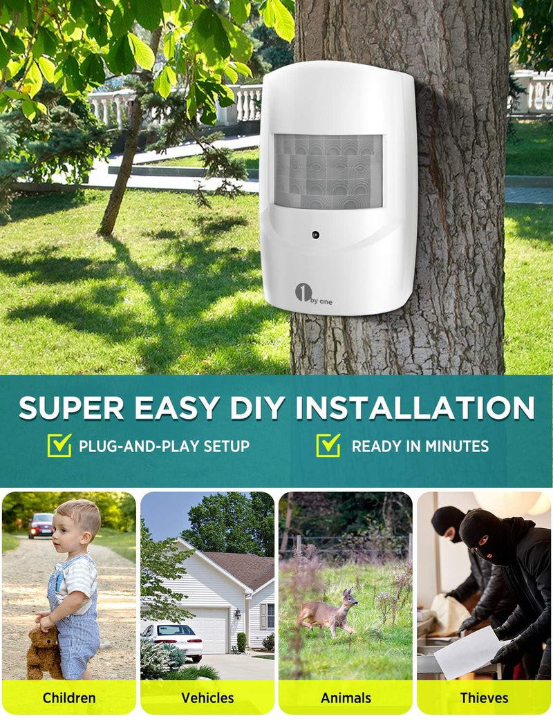 Driveway Alarm Wireless Outside, 1 BY ONE Motion Sensor Alarm 1000ft/300m Range Extra Loud Chimes Security Alarm System with 1 Receiver 2 Weatherproof Infrared Sensors Protect Indoor/Outdoor Property 1 receiver 2 PIR sensors