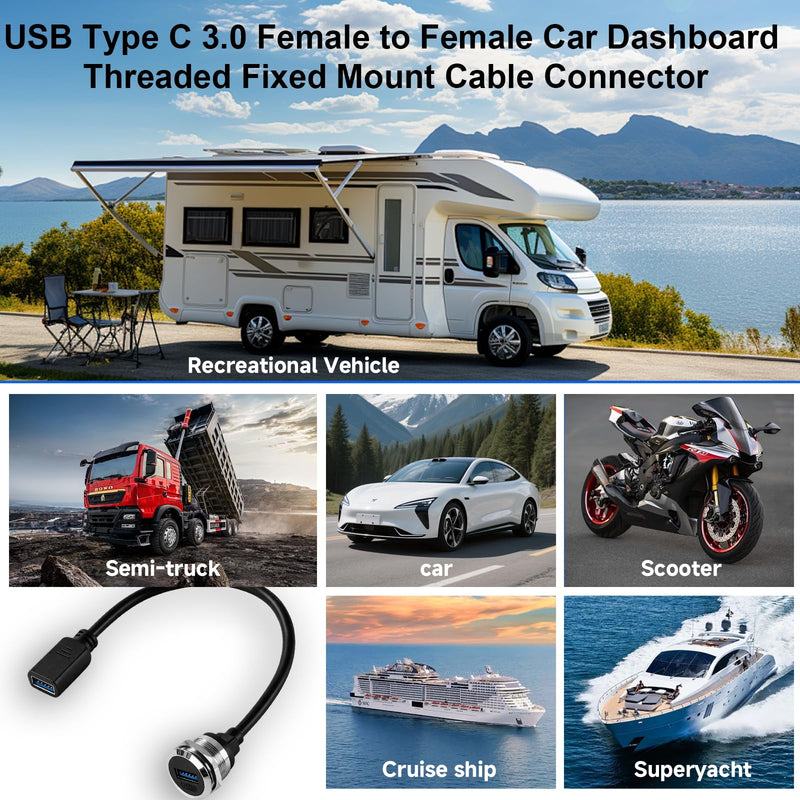 USB 3.0 Female to Female Panel Mount Cable, 5Gbps 3A Charging Bulkhead Connector, 25cm/9.84in Threaded M21 Adapter for Car Desk RV Boat(F-F)