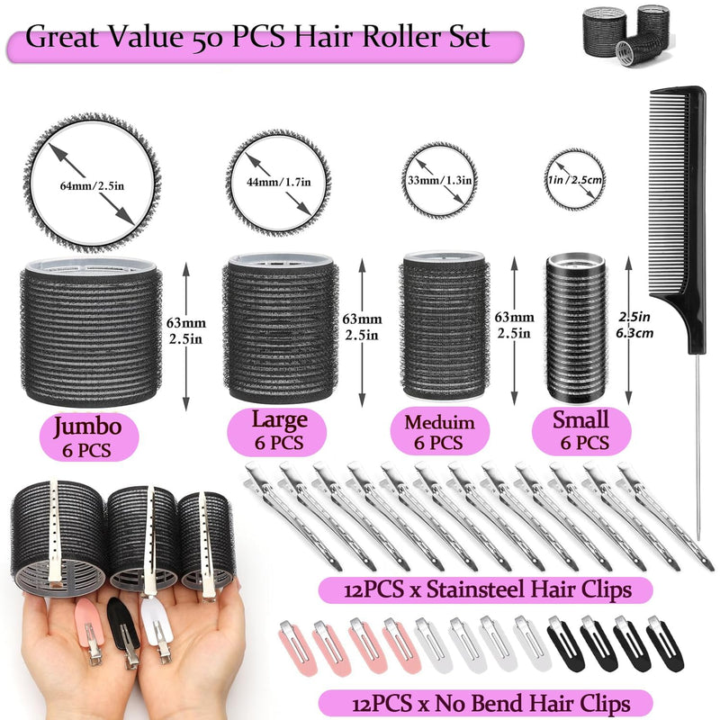  [AUSTRALIA] - 50 Pcs hair rollers of self-grip for long, medium, & short hair with 4 Sizes (60/48/36/25mm) Rollers (6 jumbo, 6 large, 6 medium, and 6 small rollers plus 1 storage bag) and 24 pieces of hair clips 1 count (Pack of 50)