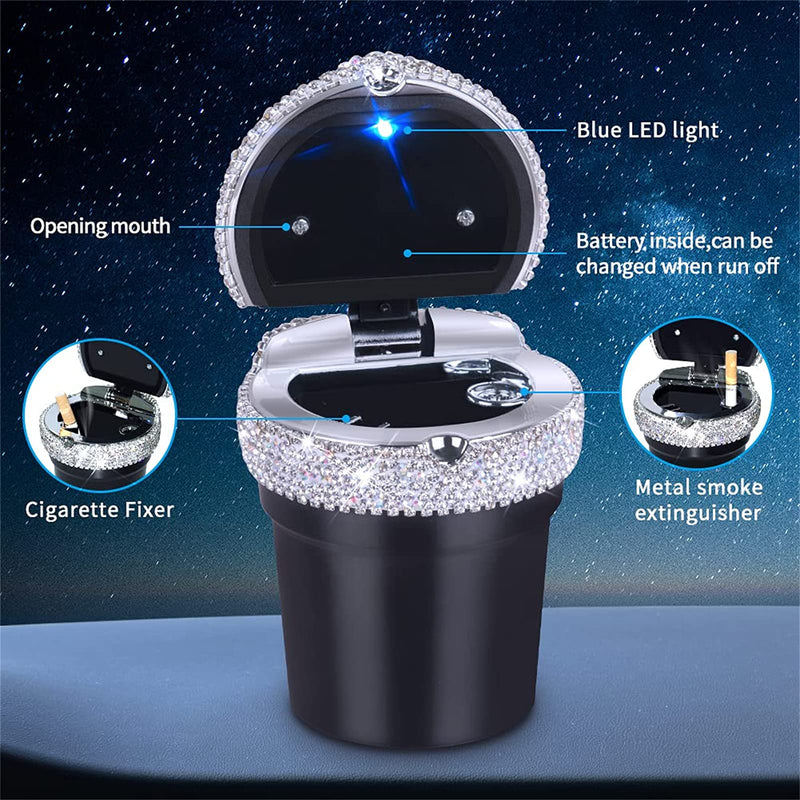 eing Car Ashtray Portable Bling Cigarette Smokeless Cylinder Cup Holder with Blue LED Light Indicator,Car Accessories for Women,Ideal for Car,Home and Office,1 - Pack Black+White 1 -Pack Black+White