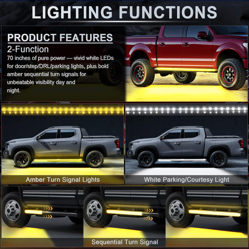 LivTee LED Running Board Lights for Trucks, 2PCS 70 Inch Waterproof Light Bar with 144 LEDs, White Courtesy Light & Sequential Amber Turn Signal, Side Marker Light for Pickup SUV Car - IP67 Waterproof