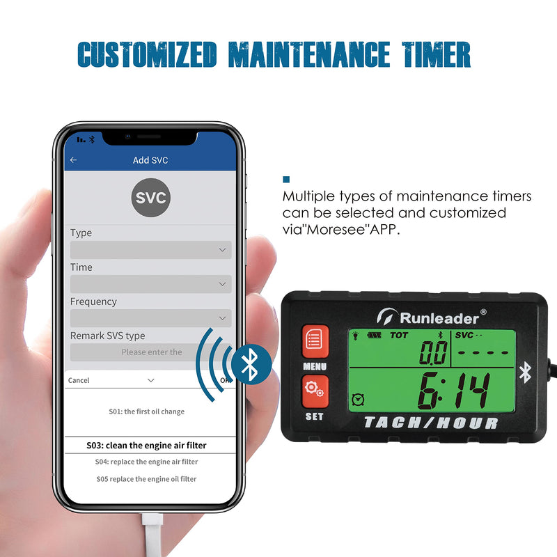 Runleader RL-HM058-BT Bluetooth Shunt Tach Hour Meter, Works by Replaceable Battery and DC 12V Power. (RL-HM058-BT 2PCS) RL-HM058-BT 2PCS
