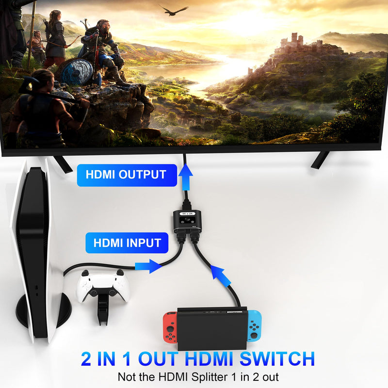 HDMI Switch Splitter 4K@60Hz, Aluminum Bi-Directional HDMI 2.0 Switcher, HDMI Splitter 1 in 2 Out/ 2 in 1 Out, Support 4K 3D HDR for Xbox, PS5/4/3, Fire Stick, Roku, HDTV, Projector, Computer (Black) Black