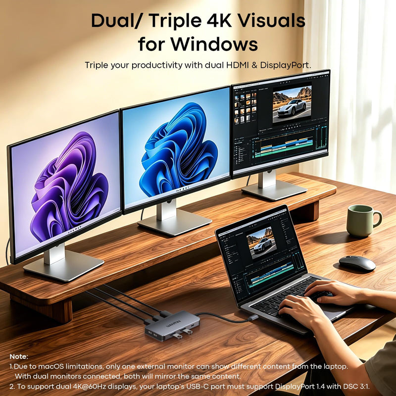 UANTIN Laptop Docking Station 3 Monitors, 8-in-1 USB C Dock with 2 HDMI, DP | USB C Docking Station Dual Monitor with 4K@60Hz HDMI, DisplayPort, USB A & USBC Data, 100W PD, USBC Adapter for Dell,HP