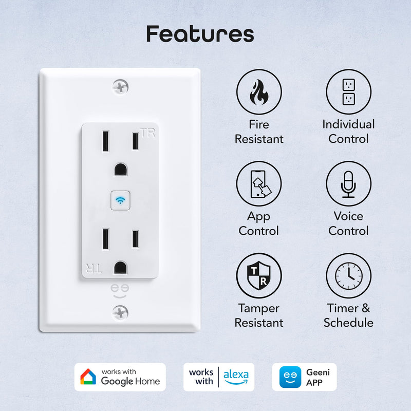 Geeni Smart WiFi in-Wall Outlet, White, 4 Pack – 2 Smart Outlets per Plug, Compatible with Alexa & Google Home, Tamper Resistant, Fire Resistant, App & Voice Control, Requires 2.4GHz WiFi 4-Pack 2-Outlet