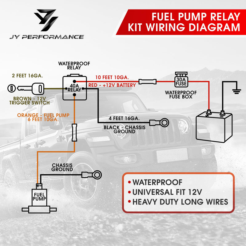 JY Performance Electric Fuel Pump Relay Kit for 12V System 40 AMP Waterproof Heavy Duty Long Wires